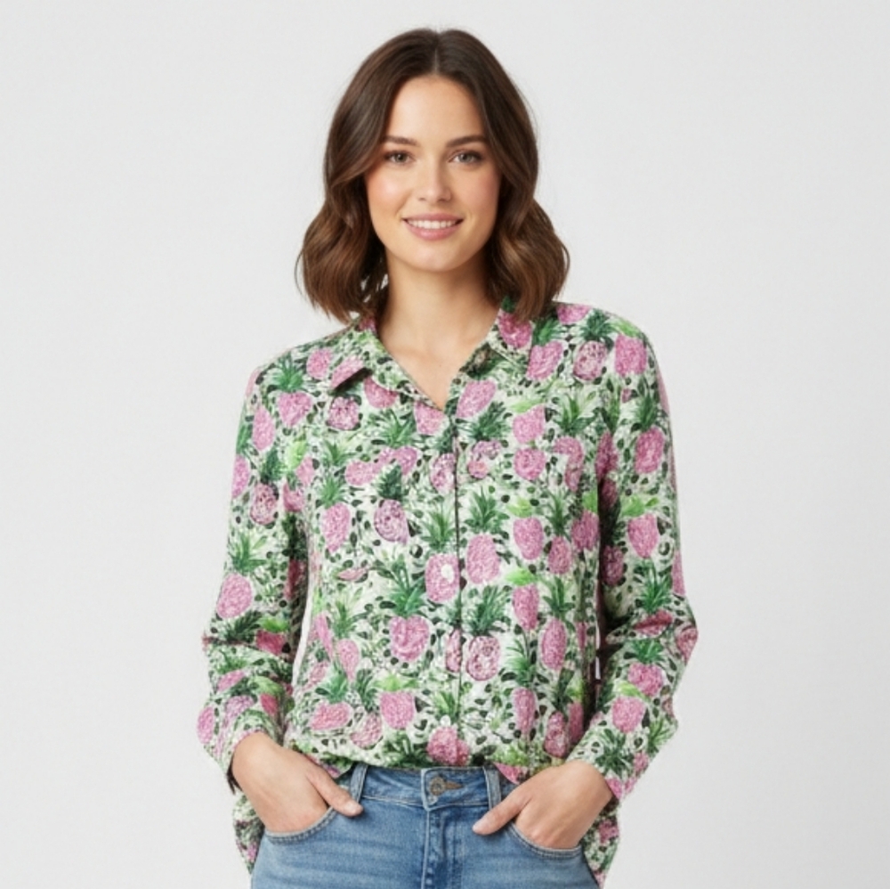 Charter Club Button Blouse Pineapple Green Pink Tropical Resort Preppy L